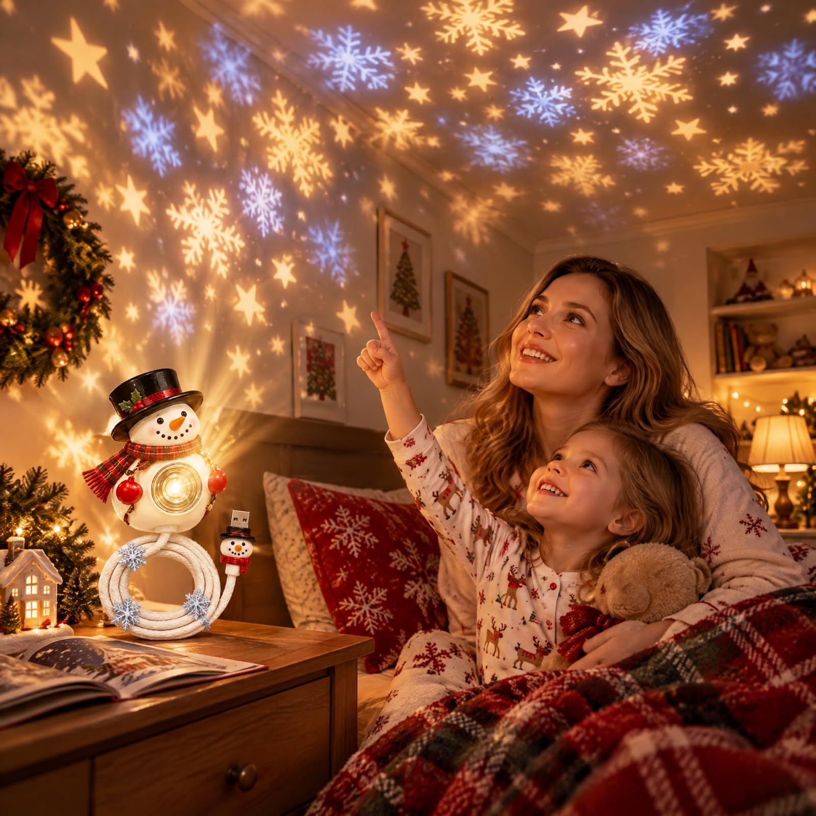 ⛄Snowman Christmas Projector Light – Festive Snowflake & Star Projection Lamp