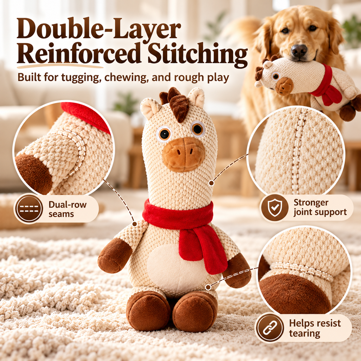 Reinforced Plush Dog Toy – Big-Head Squeaky Christmas Buddy