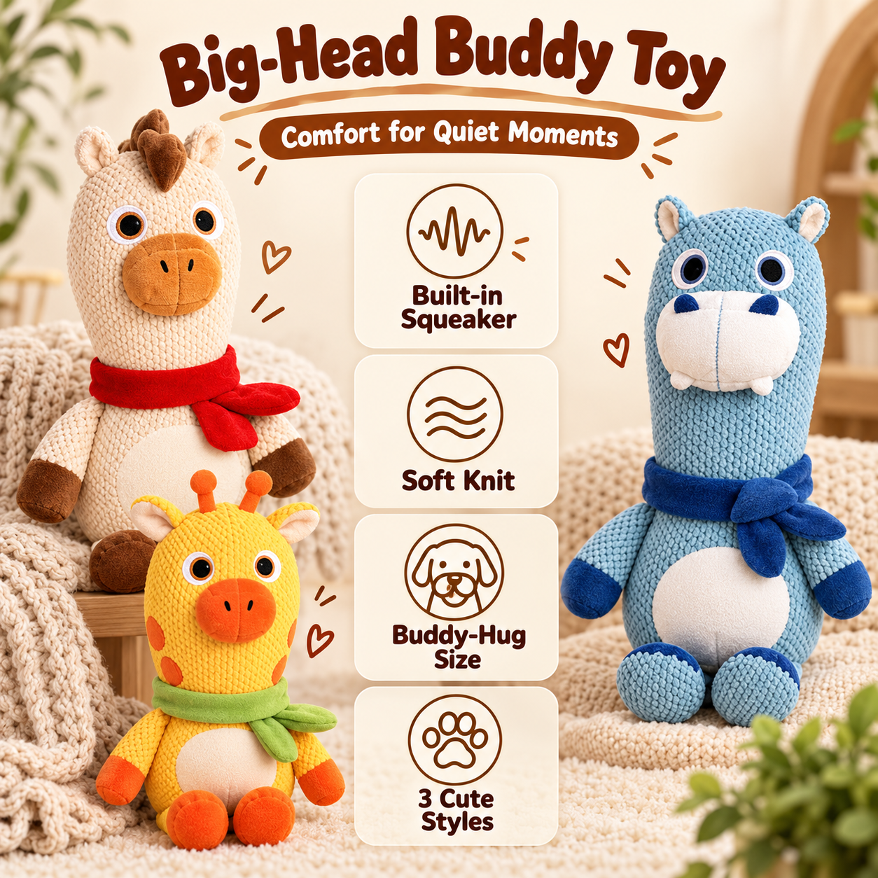 Reinforced Plush Dog Toy – Big-Head Squeaky Christmas Buddy