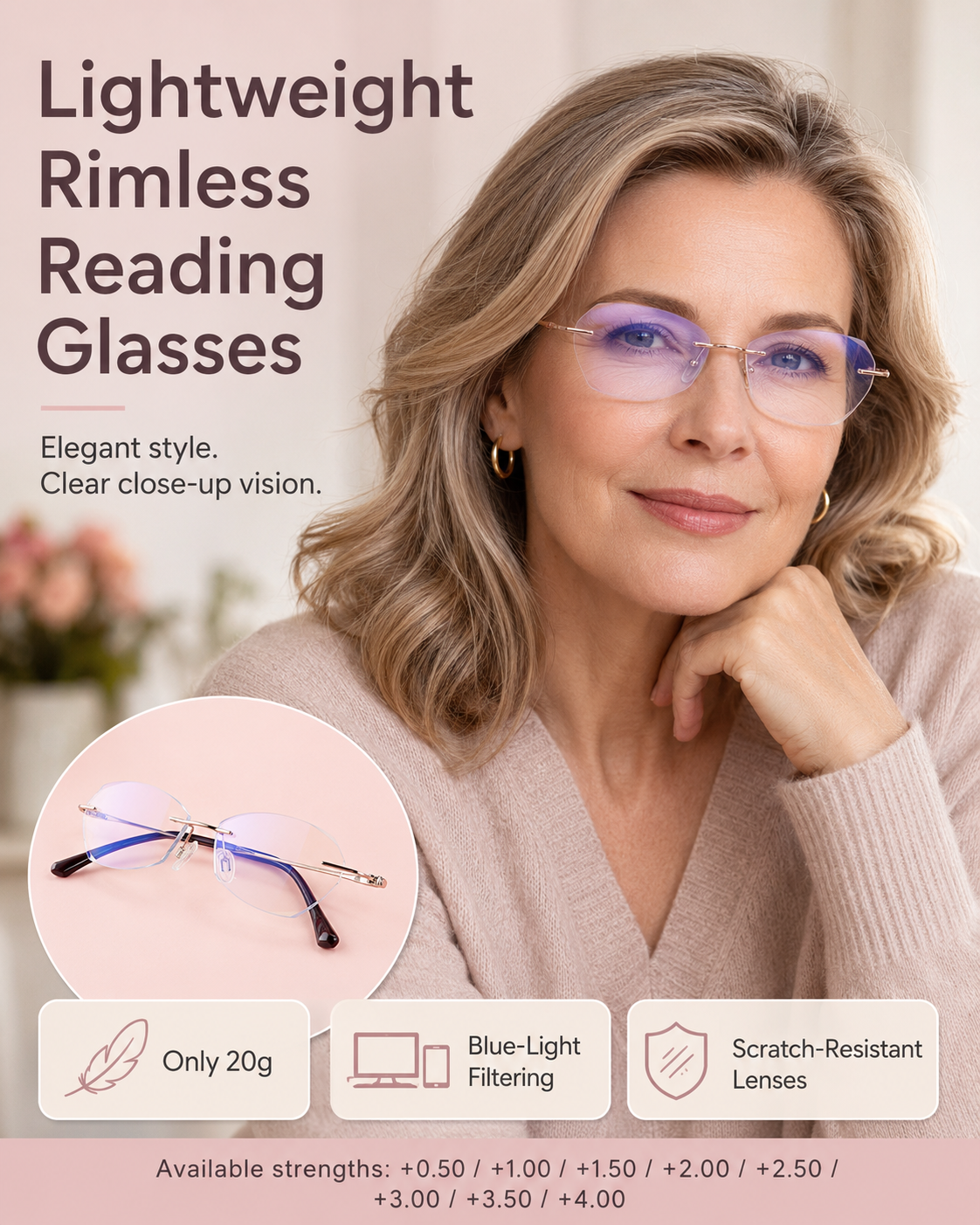 Ultra-Light Rimless Blue-Light Reading Glasses for Women