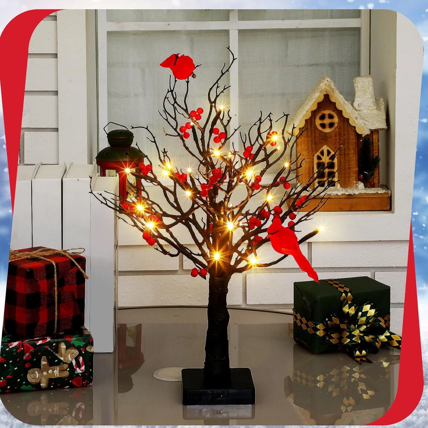 Cardinal Tabletop LED Tree Light with Red Berries