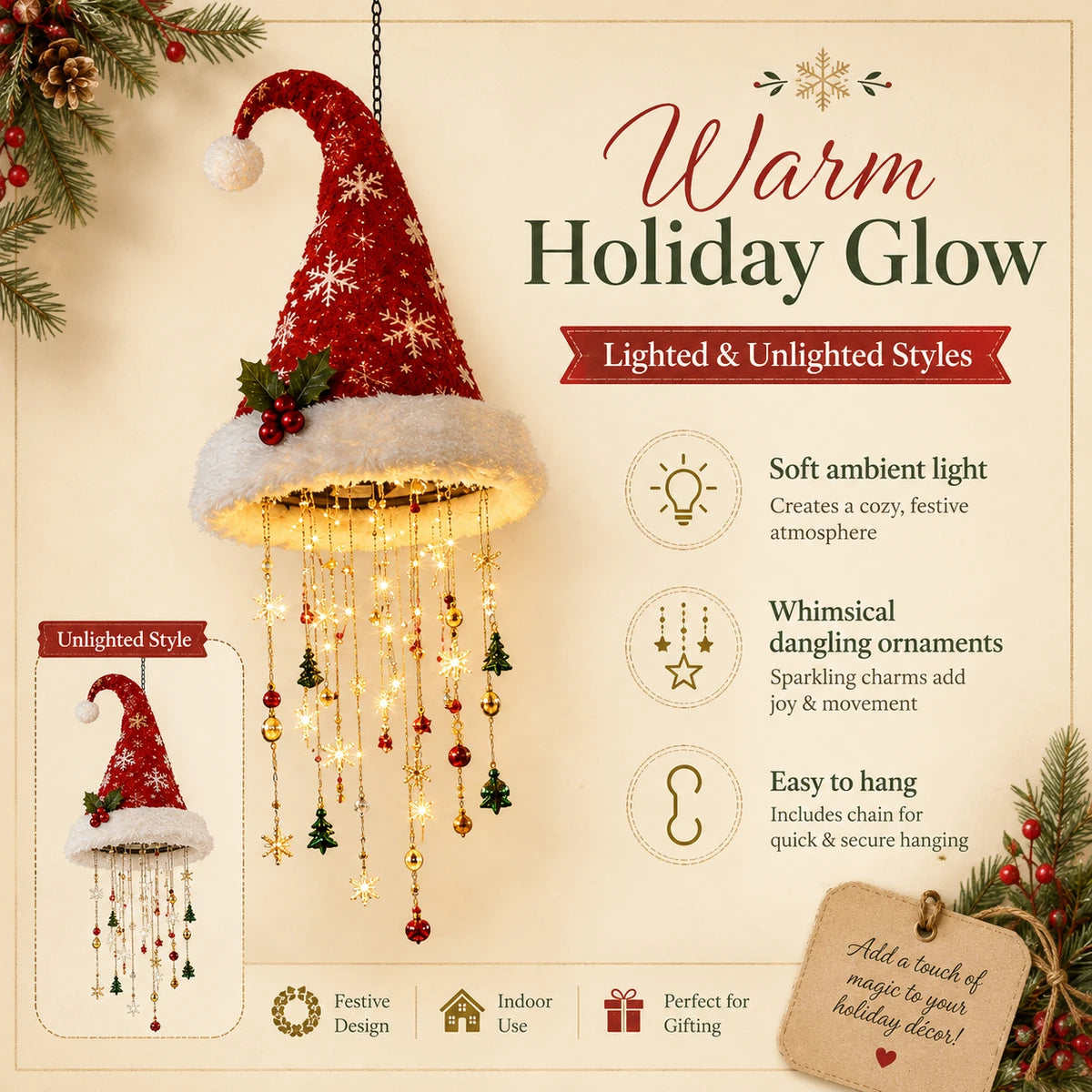🎅 Lighted Santa Hat Hanging Chandelier 🎄