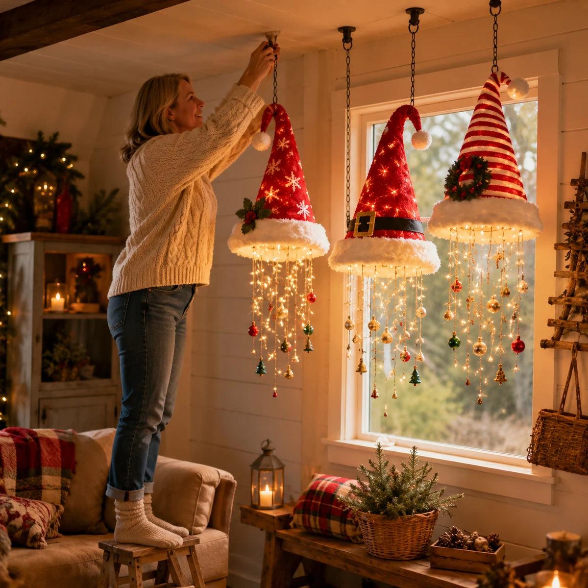 🎅 Lighted Santa Hat Hanging Chandelier 🎄