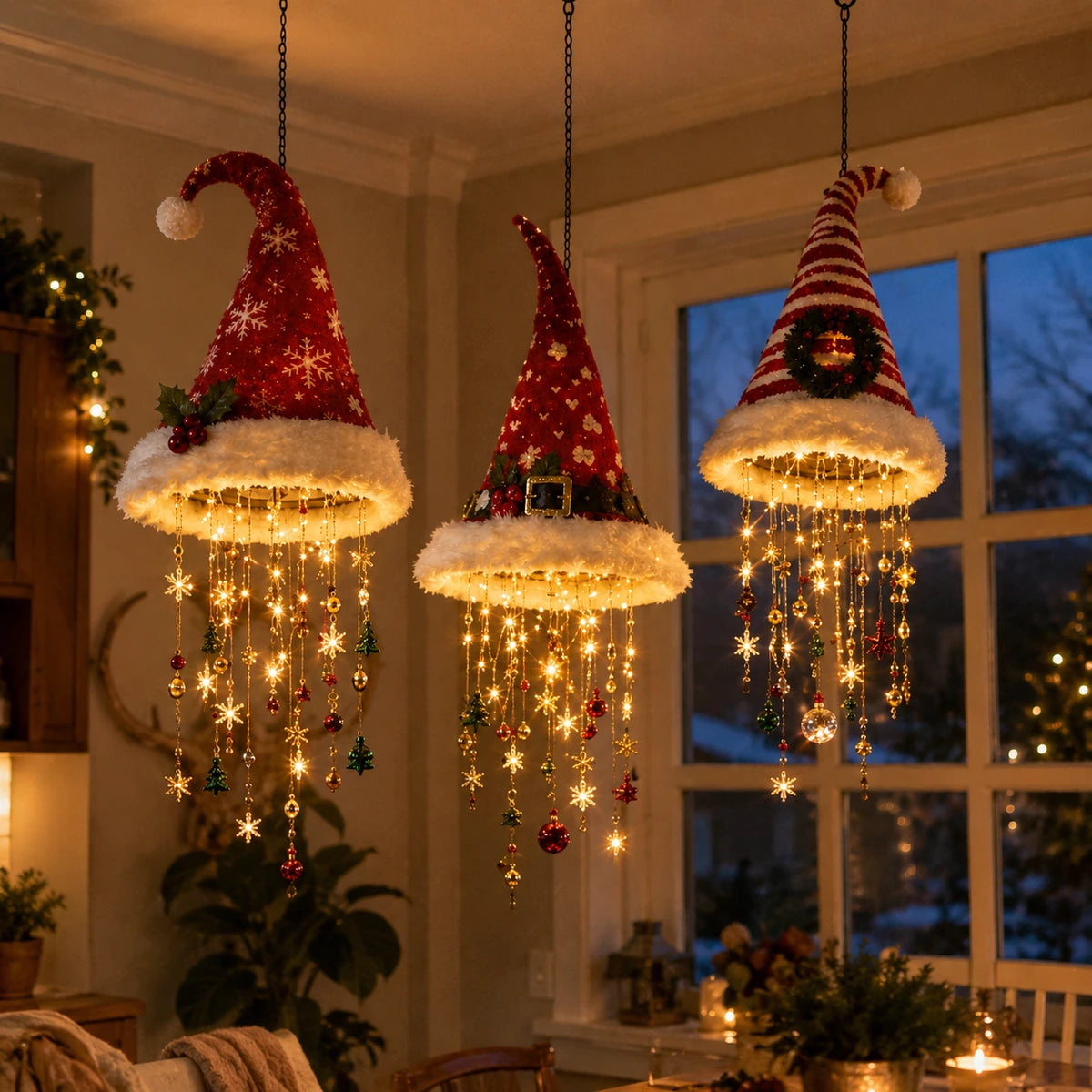 🎅 Lighted Santa Hat Hanging Chandelier 🎄