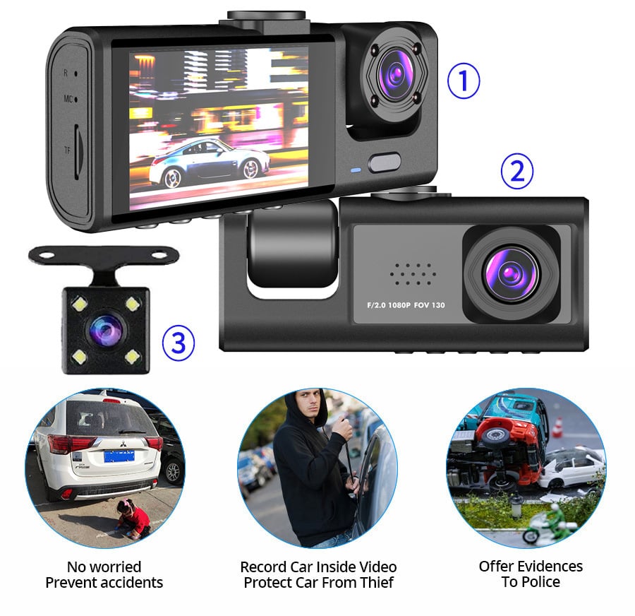 3-Channel 1080p Car Driving Recorder (Three Cameras)