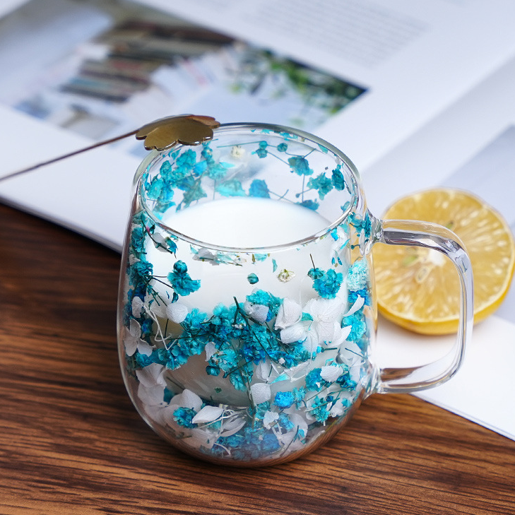 Handmade Dried Flowers Double Walled Crystal Coffee Mugs
