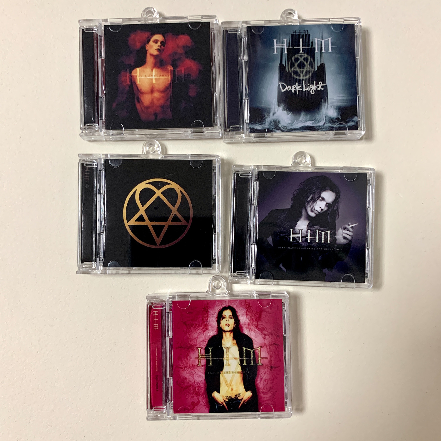 HIM Little CD Album Cover Keychains - Razorblade Romance -Dark Light -Deep Shadows And Brilliant Highlights -Greatest Lovesongs Vol. 666 -Love Metal