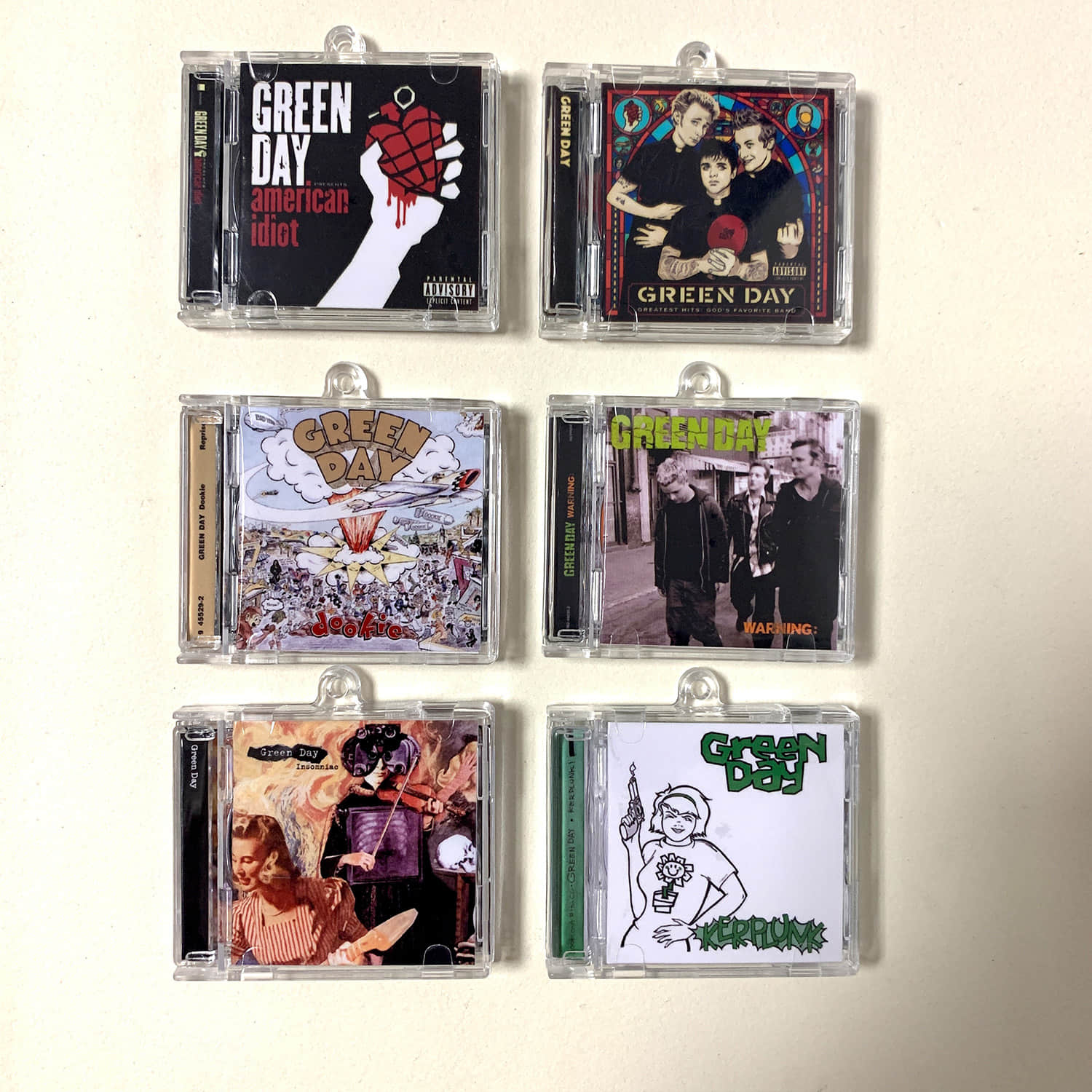 Green Day Little CD Album Cover Keychains  – Greatest Hits and Insomniac - American Idiot - Dookie - Warning - Kerplunk
