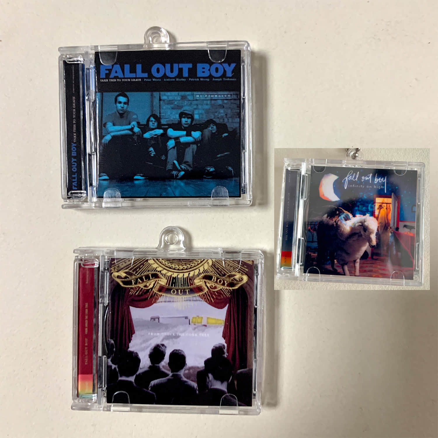 Fall Out Boy Little CD Album Cover Keychains - Infinity On High - Take This To Your Grave - From Under The Cork Tree