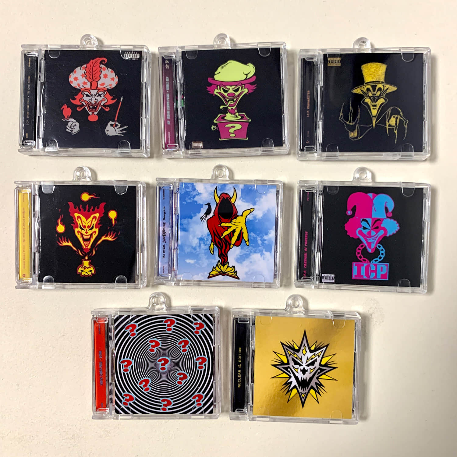Insane Clown Poses(ICP)  Little CD Album Cover Keychains - The Great Milenko - Ringmaster -Riddle Box - Carnival Of Carnage - The Amazing Jeckel Brothers - The Wraith_ Shangri-La - Bizaar