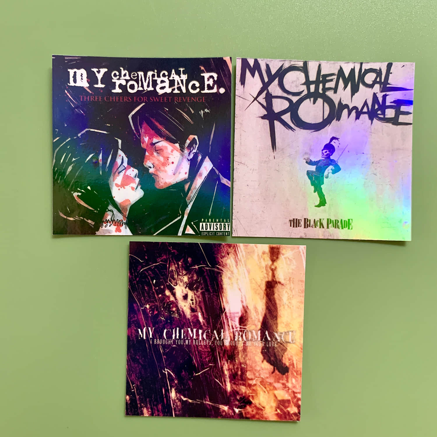 MCR My Chemical Romance  2" Album Cover Stickers – Three Cheers For Sweet Revenge - The Black Parade - I Brought You My Bullets, You Brought Me Your Love