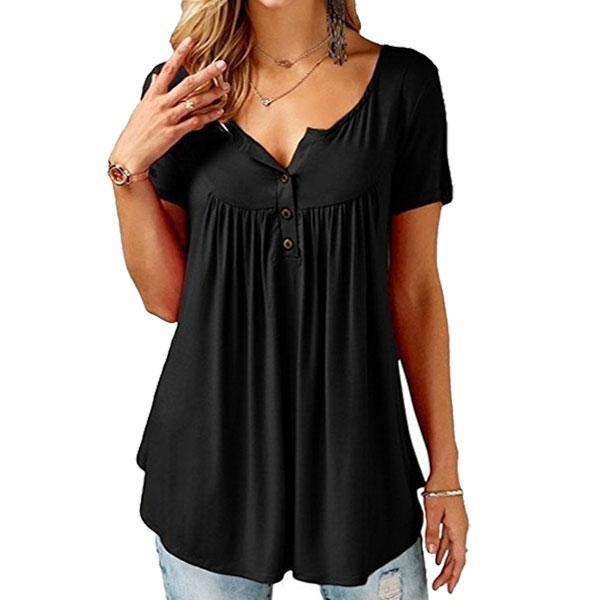 Women Plain Ruched Short Sleeve Button Casual Blouse