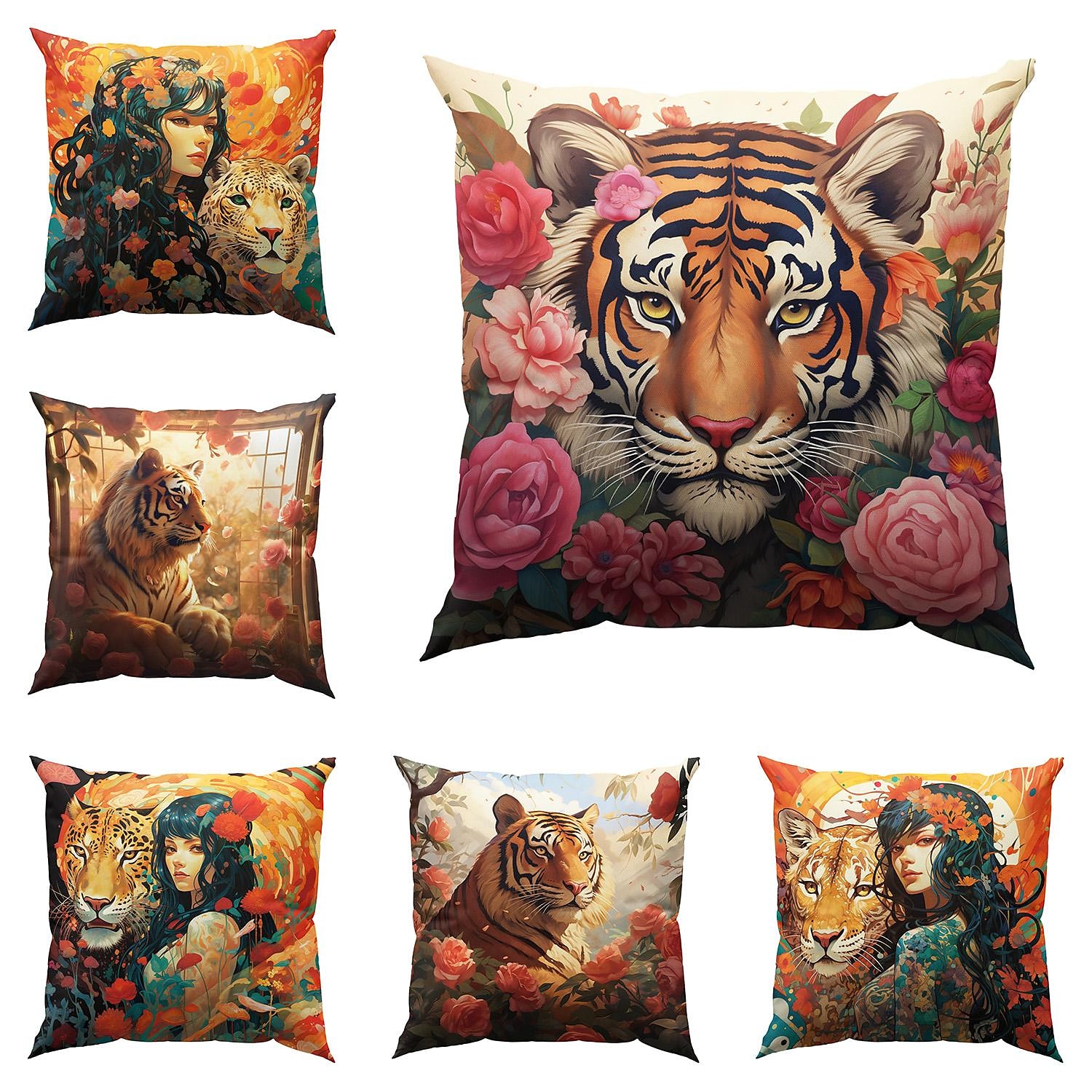 Double Side Pillow Cover 1PC Wild Woman Tiger Floral Soft Decorative Square Cushion Case Pillowcase for Bedroom Livingroom Sofa Couch Chair 2023 - US $8.99 –P3