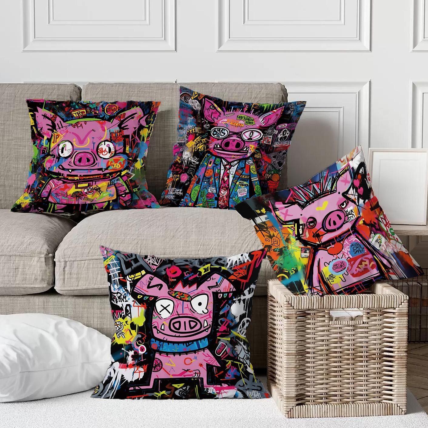 Double Side Pillow Cover 4PC Graffiti Pig Soft Decorative Square Cushion Case Pillowcase for Bedroom Livingroom Sofa Couch Chair 2023 - US $15.99 –P3