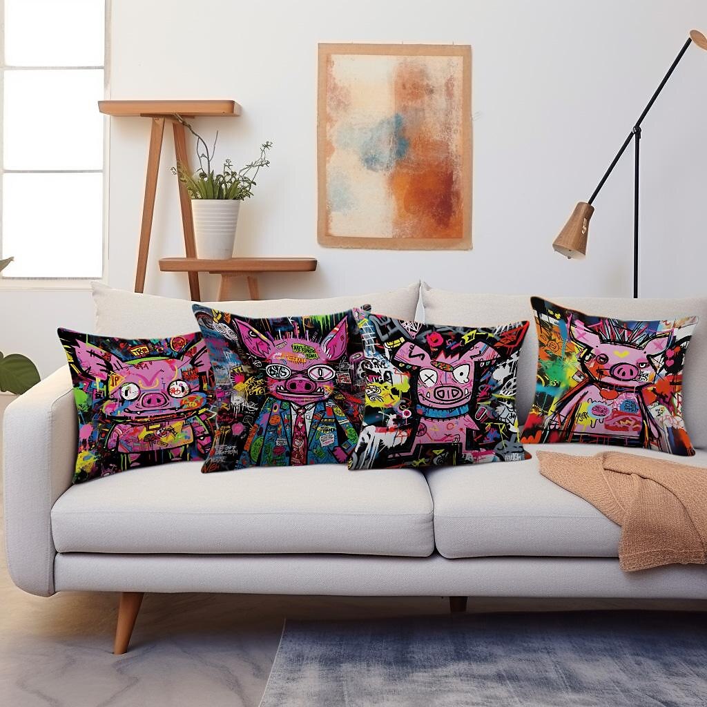 Double Side Pillow Cover 4PC Graffiti Pig Soft Decorative Square Cushion Case Pillowcase for Bedroom Livingroom Sofa Couch Chair 2023 - US $15.99 –P1