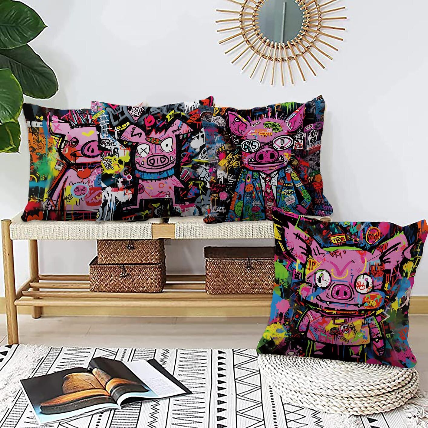 Double Side Pillow Cover 4PC Graffiti Pig Soft Decorative Square Cushion Case Pillowcase for Bedroom Livingroom Sofa Couch Chair 2023 - US $15.99 –P2