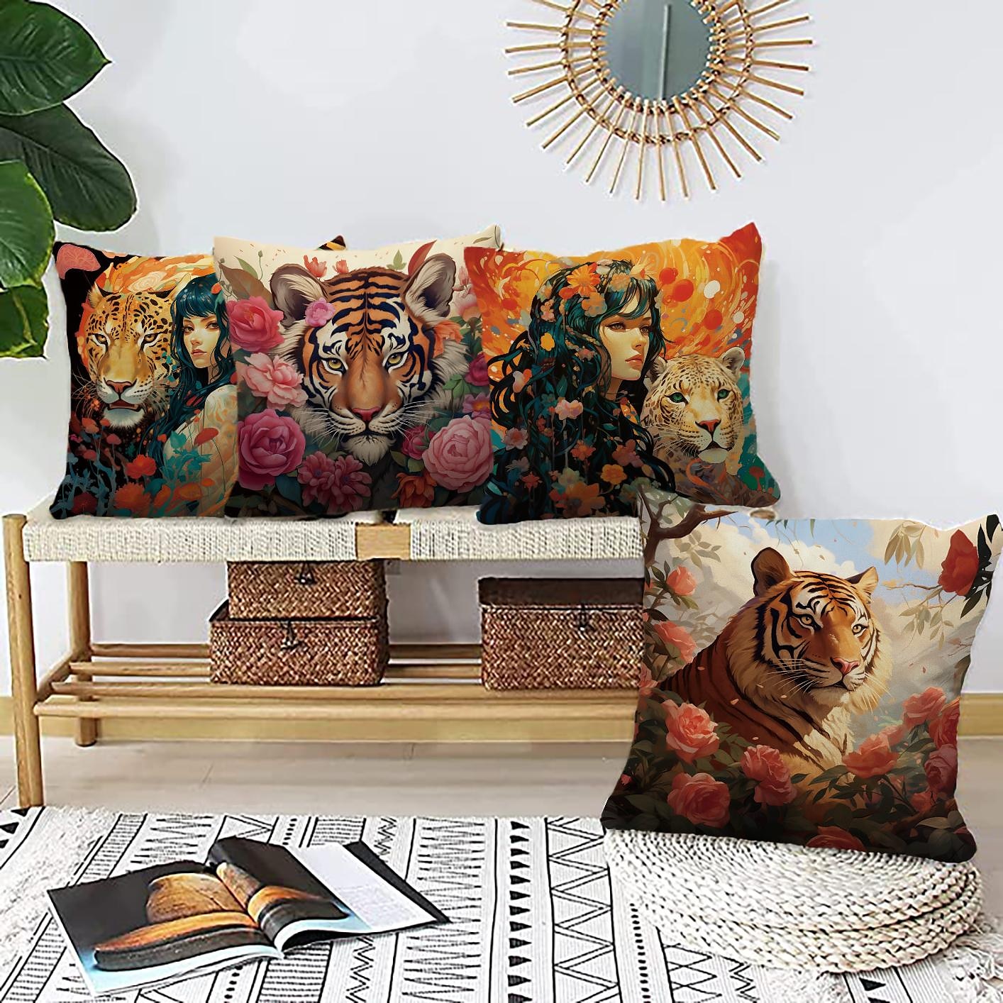 Double Side Pillow Cover 1PC Wild Woman Tiger Floral Soft Decorative Square Cushion Case Pillowcase for Bedroom Livingroom Sofa Couch Chair 2023 - US $8.99 –P2