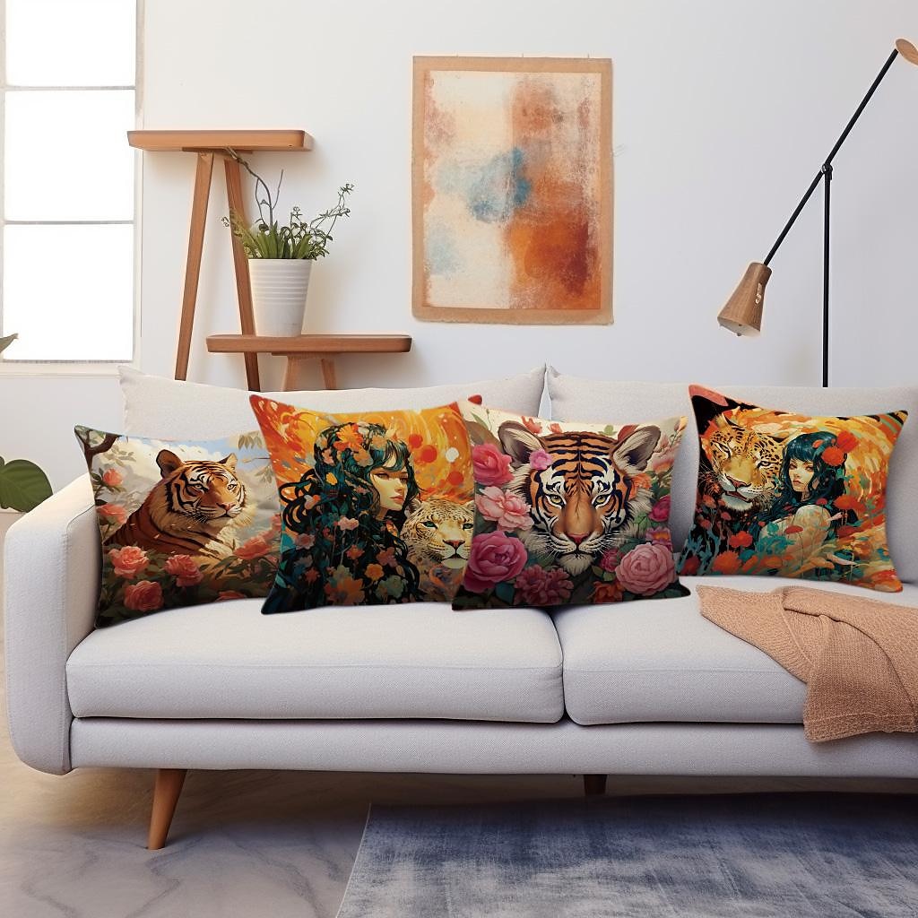 Double Side Pillow Cover 1PC Wild Woman Tiger Floral Soft Decorative Square Cushion Case Pillowcase for Bedroom Livingroom Sofa Couch Chair 2023 - US $8.99 –P1