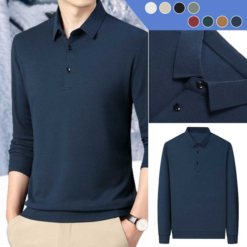 Figcoco Men's Lapel Waffle Solid Color Long Sleeve Polo Shirt