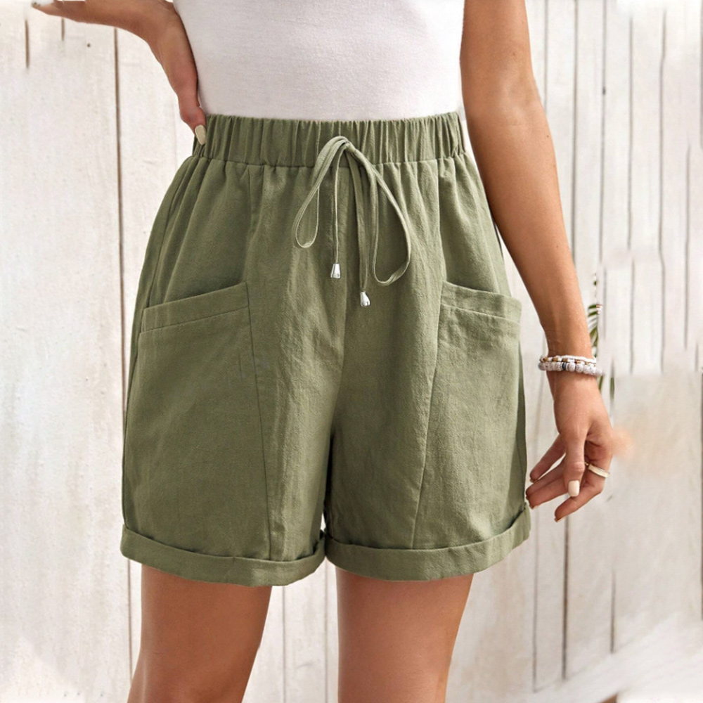 Figcoco Women's elastic waist solid color pocket shorts