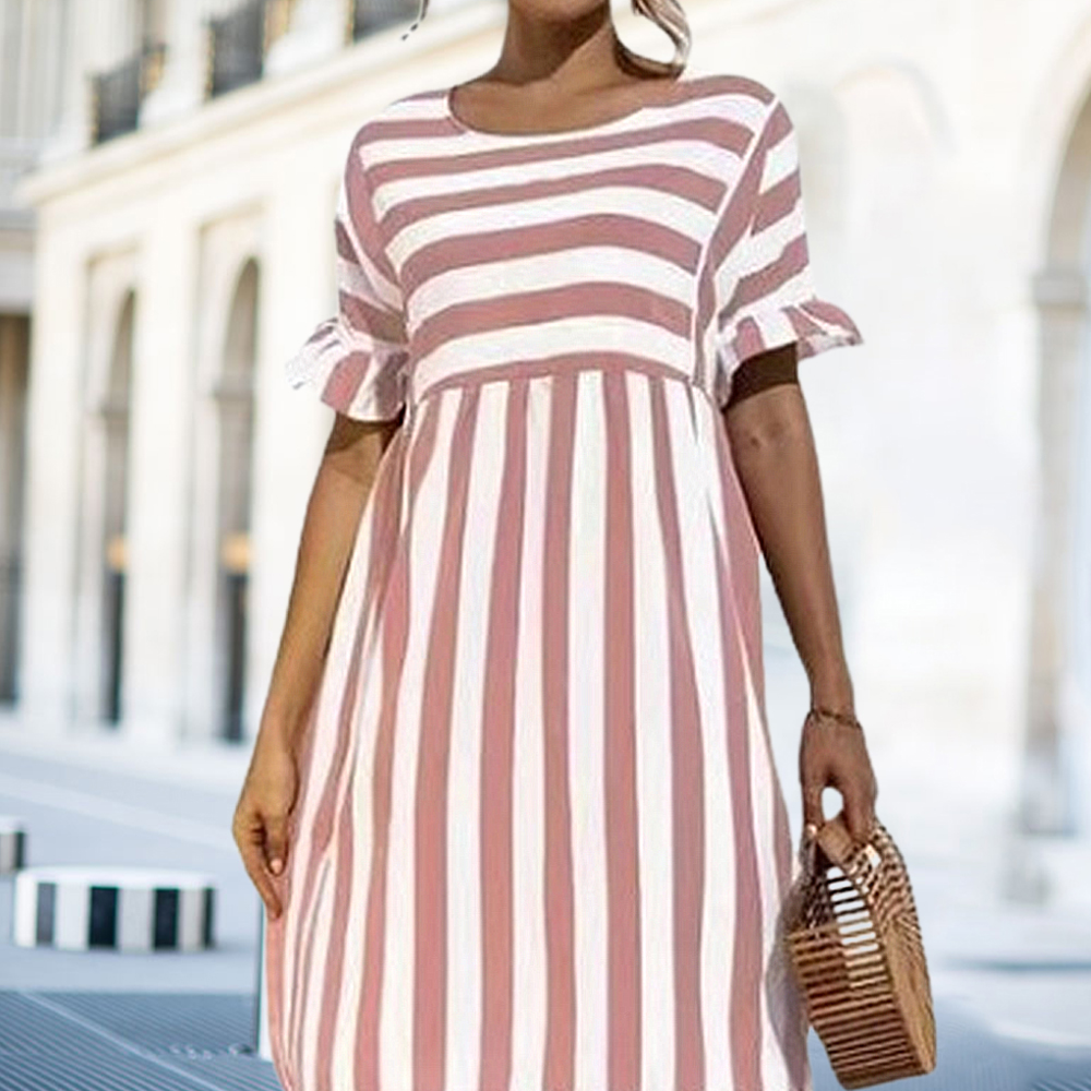 Lightrime Women's Ruffle Short Sleeve Striped Casual Dress