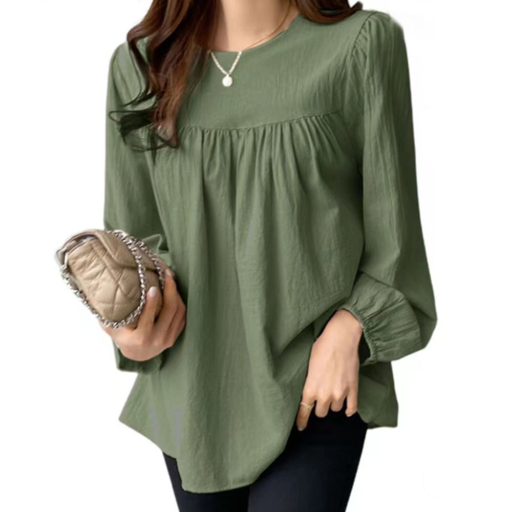 Figcoco Solid color loose round neck cotton and linen shirt