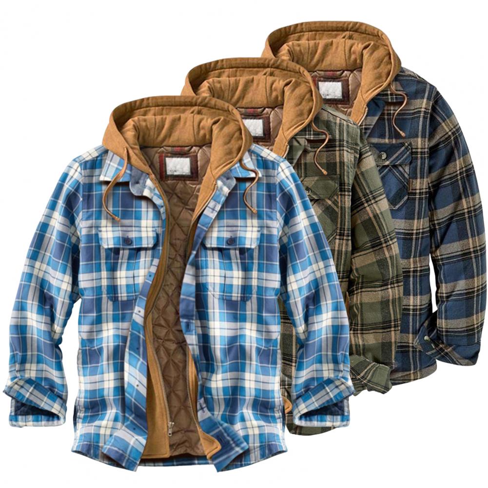 Figcoco Men's Plaid Hooded Shirt Fleece Jacket
