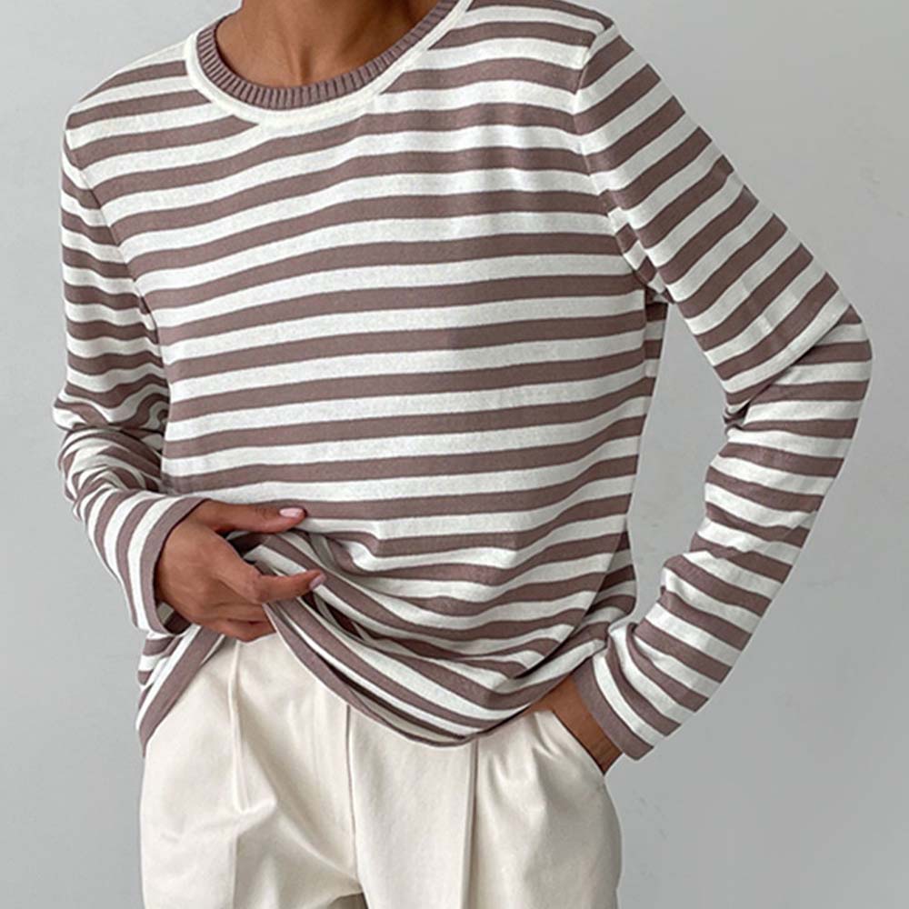 Figcoco Ladies Crewneck Striped Versatile Pullover Sweater