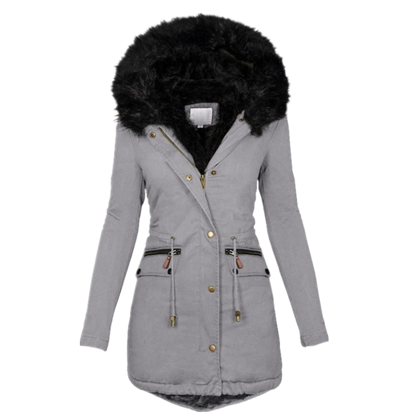 Figcoco New women's slim hooded mid-length warm zipper cotton coat