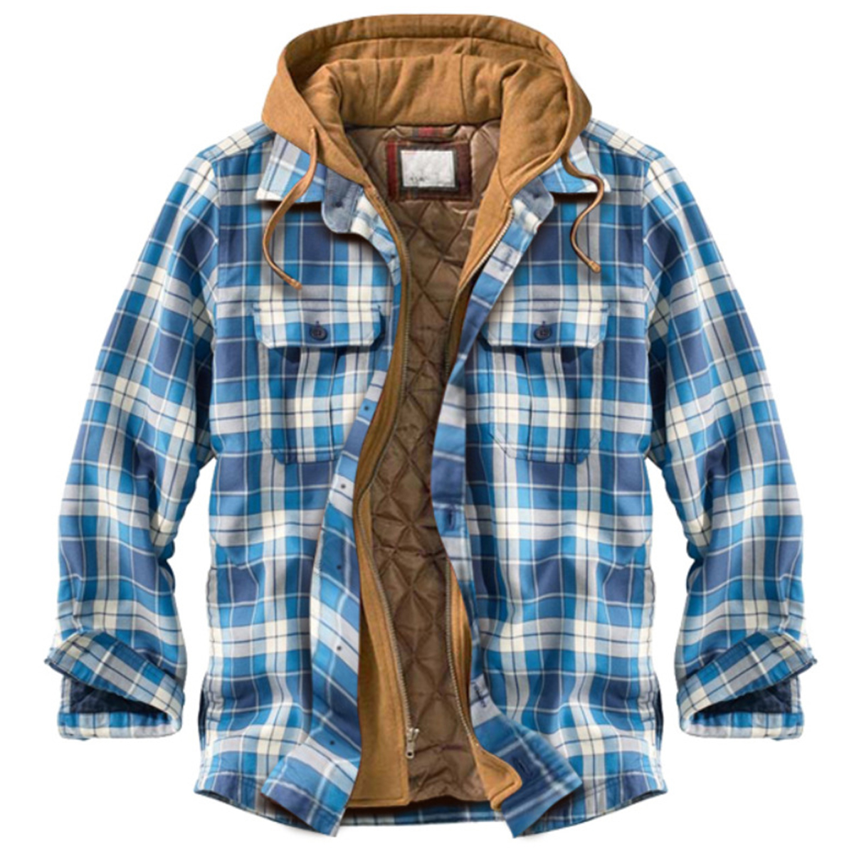 Figcoco Men's Plaid Hooded Shirt Fleece Jacket
