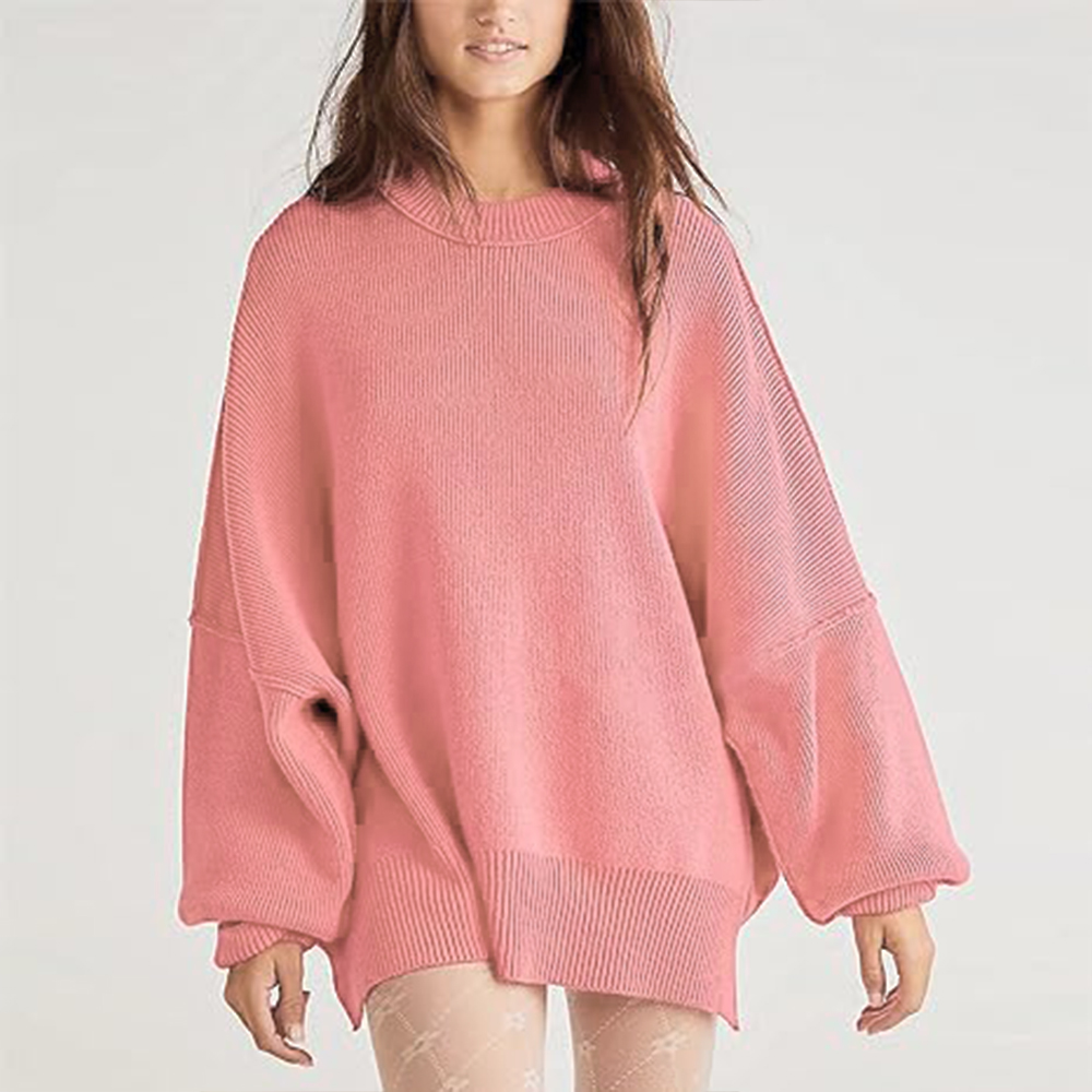 Figcoco New women's solid color crew neck sweater loose casual sweater
