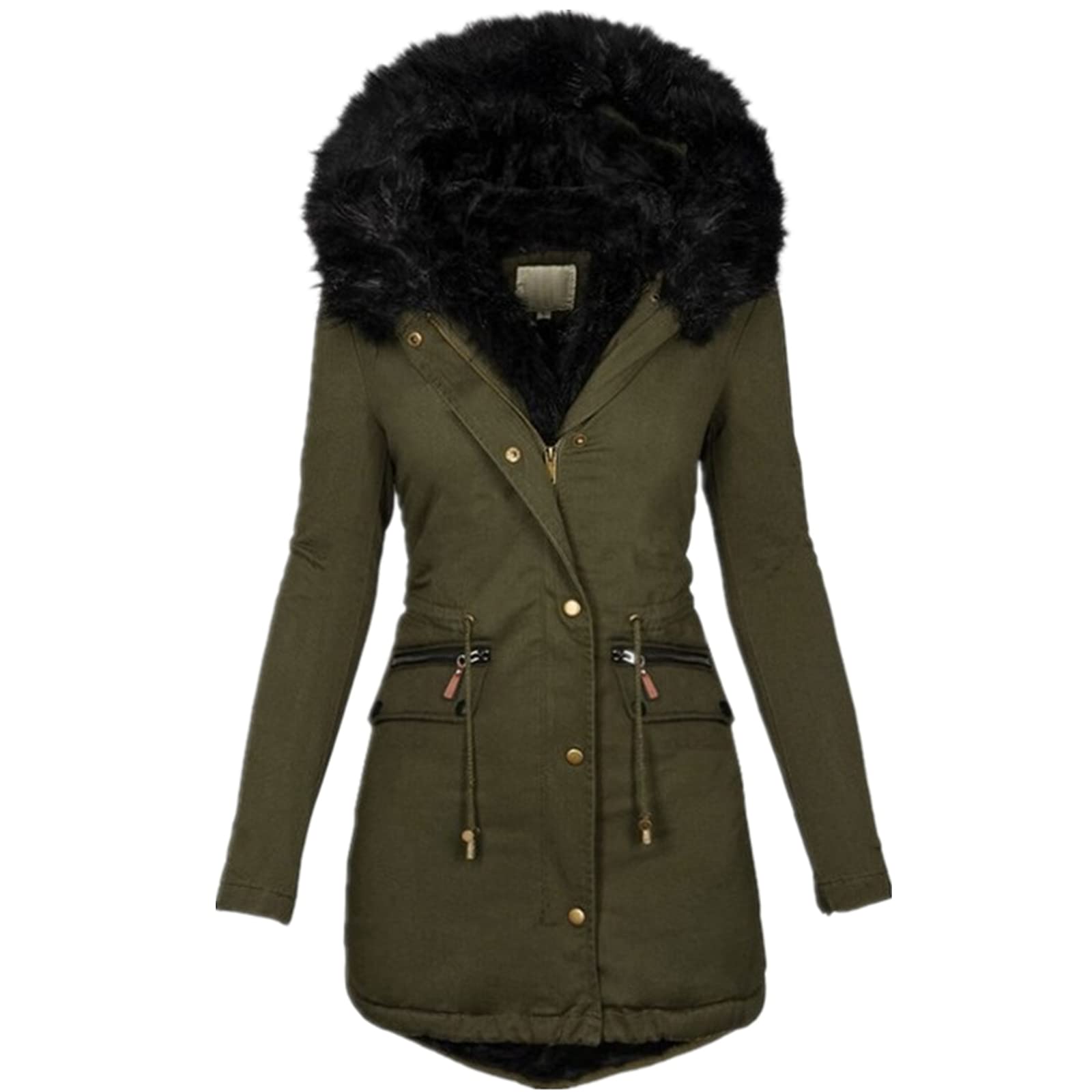 Lodowylabedz Nowy damski, wąski, średniej długości, ciepły, bawełniany płaszcz z kapturem i zamkiem błyskawicznym