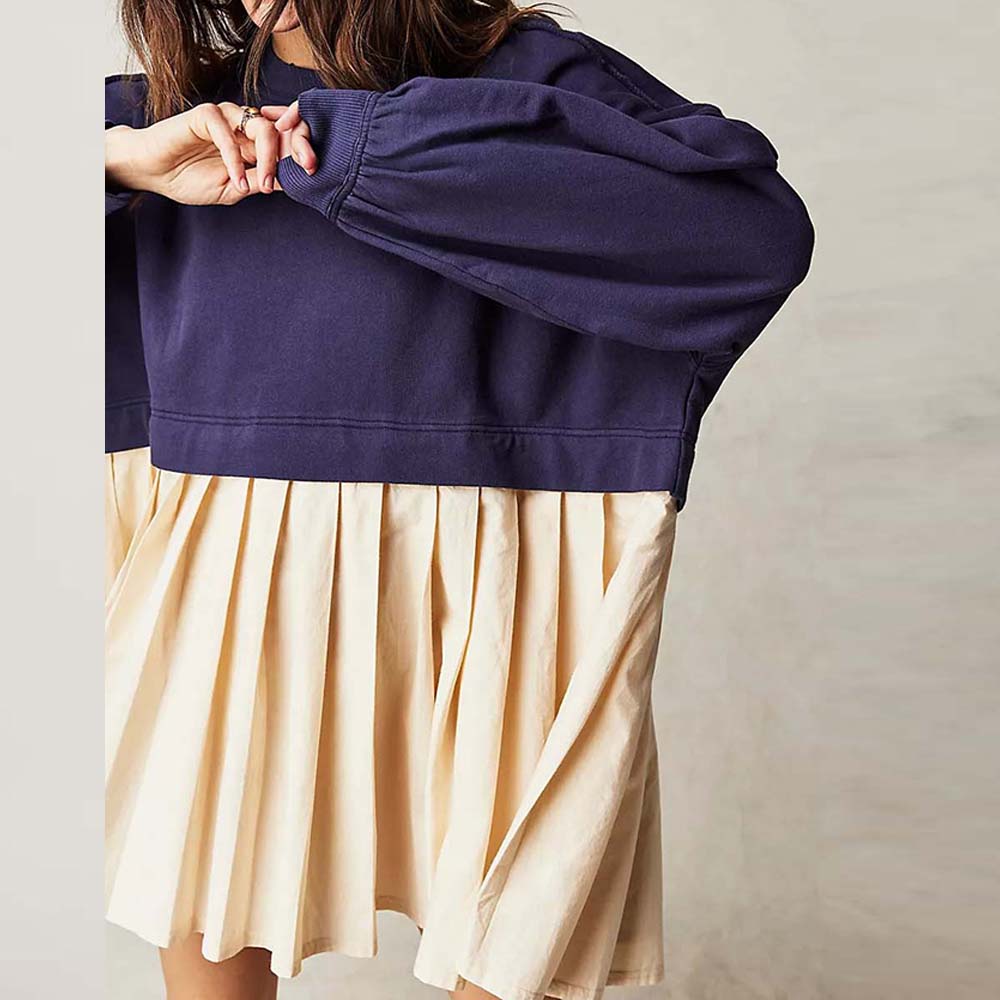 Lodowylabedz Damska wiosenno-jesienna wygodna luźna plisowana sukienka dresowa z wysokim stanem