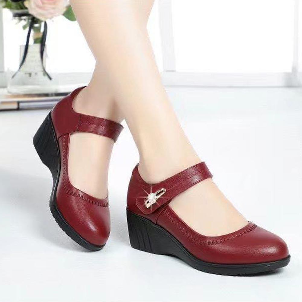 Shobous Genuine Leather Soft-soled Slope Heel Shoes