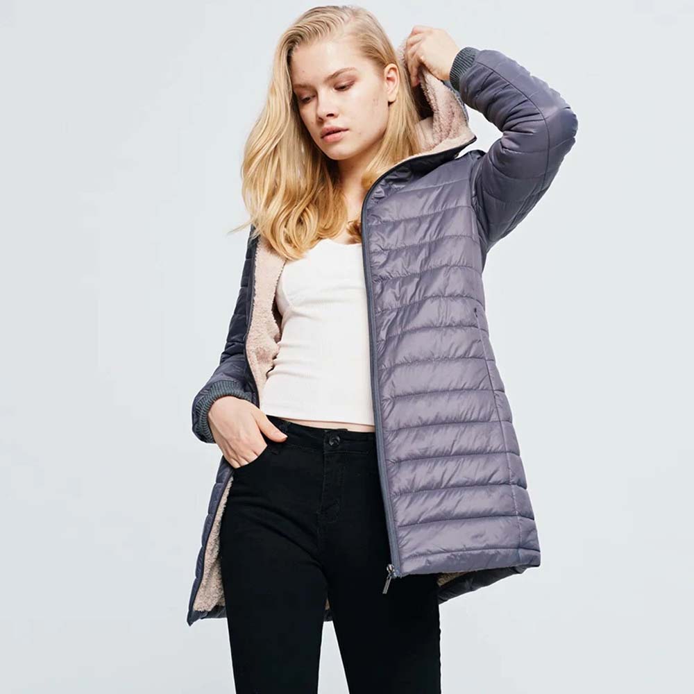 Women's lambswool mid-length hooded cotton jacket