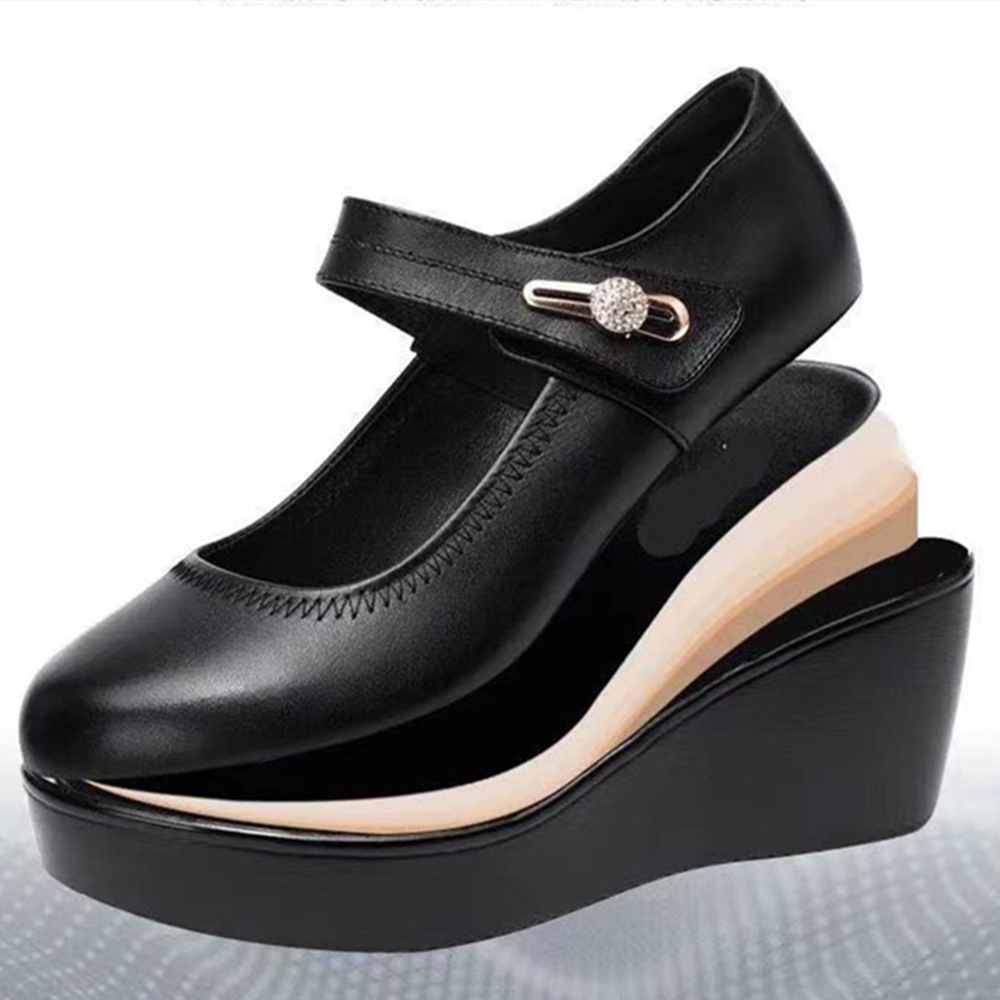 Shobous Genuine Leather Soft-soled Slope Heel Shoes