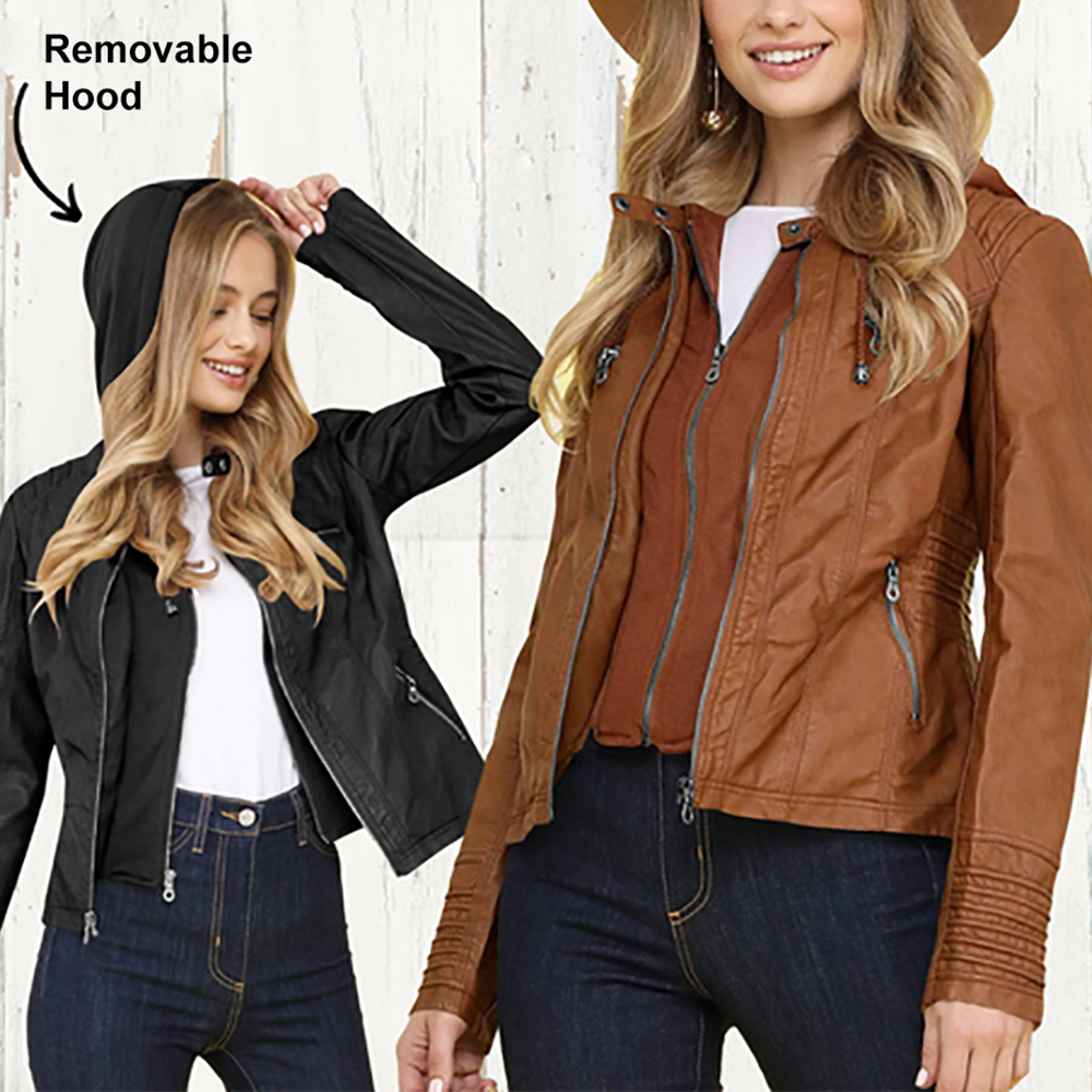 Lodowylabedz Modna damska odpinana dwuczęściowa skórzana kurtka z kapturem