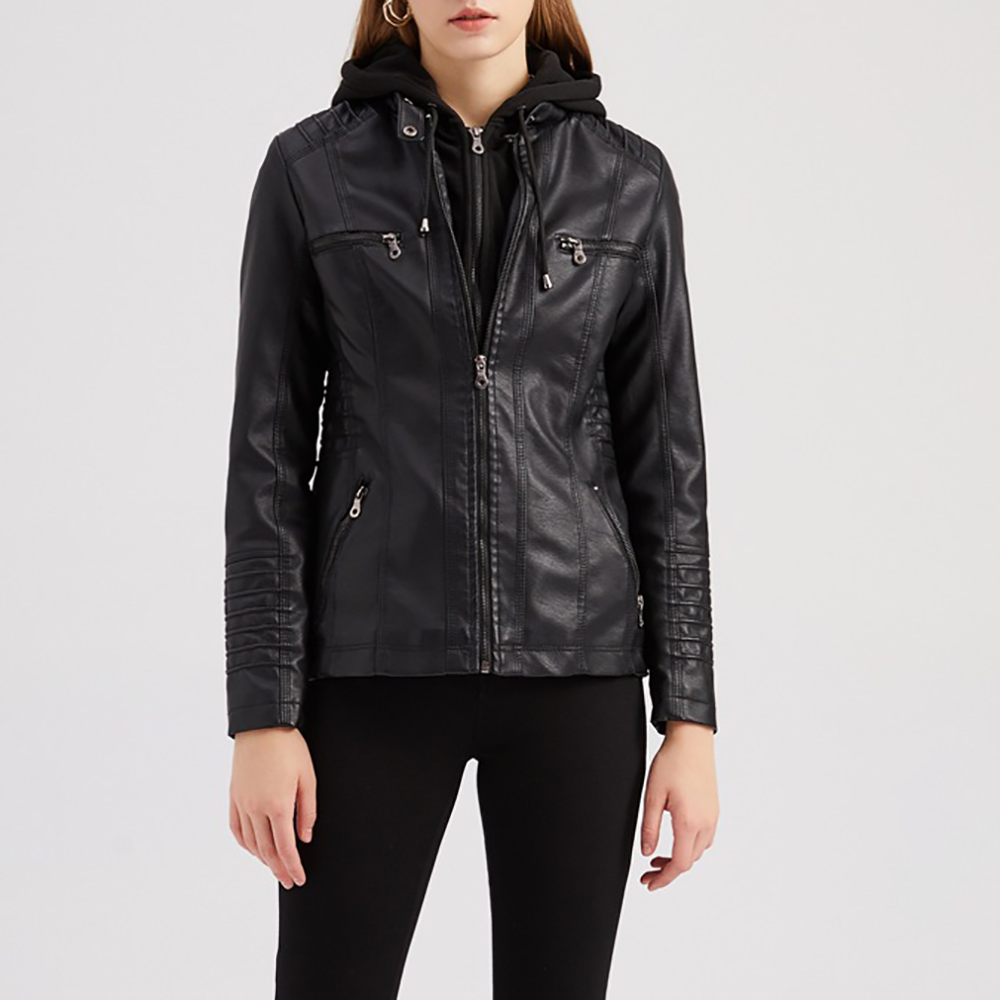 Lodowylabedz Modna damska odpinana dwuczęściowa skórzana kurtka z kapturem