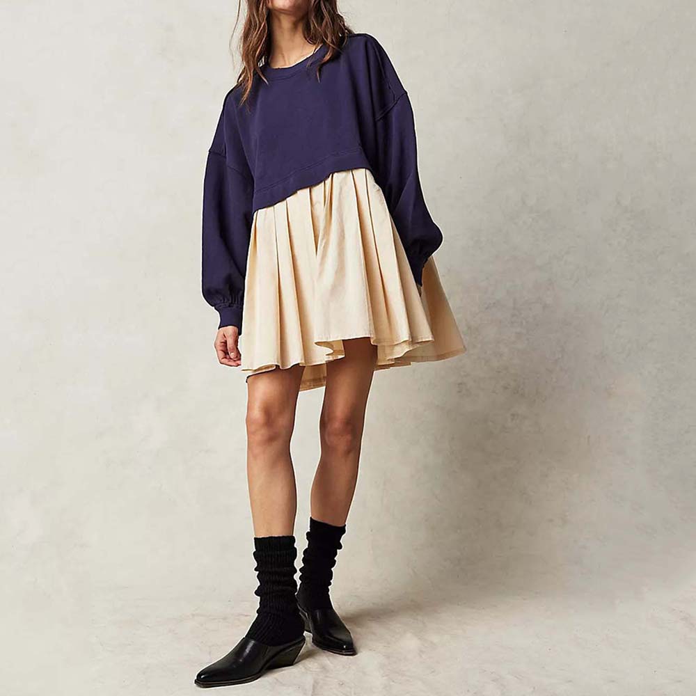 Lodowylabedz Damska wiosenno-jesienna wygodna luźna plisowana sukienka dresowa z wysokim stanem