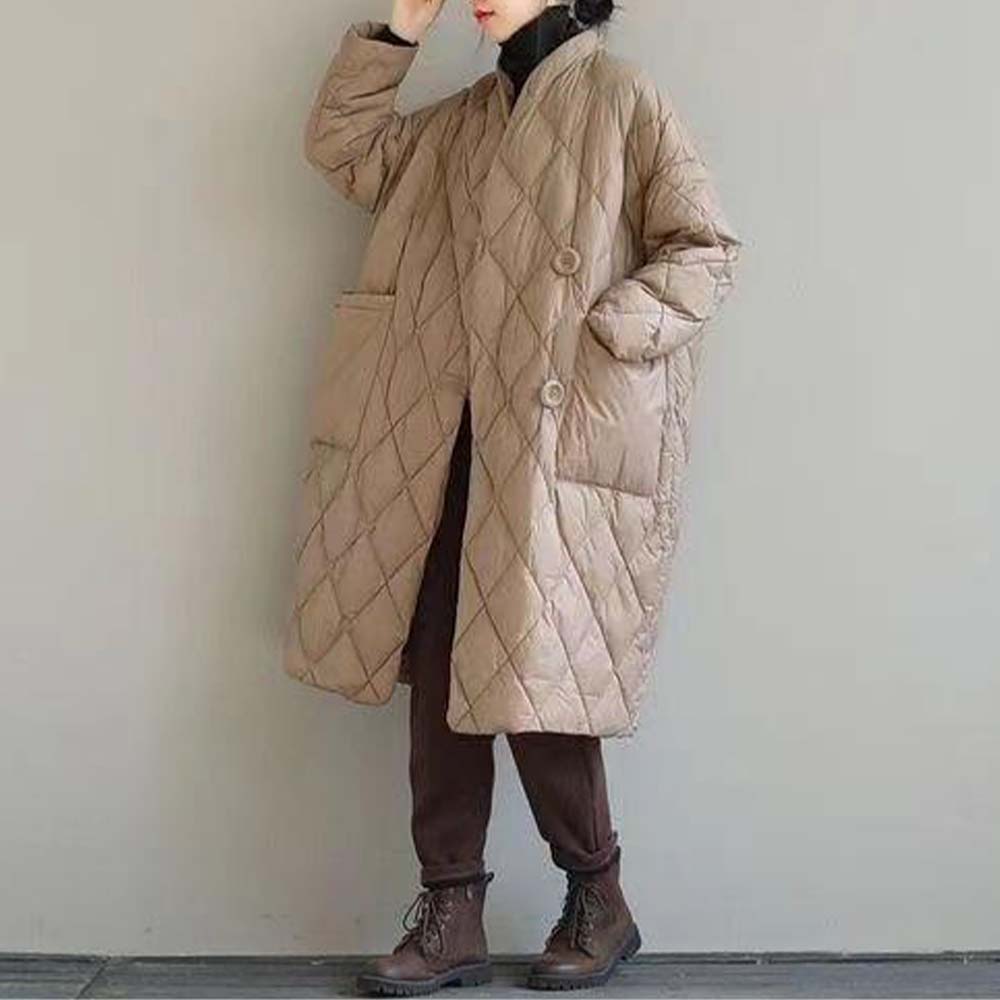 Damska, luźna, artystyczna stójka, jednokolorowa, pikowana, cienka, ciepła kurtka puchowa o średniej długości