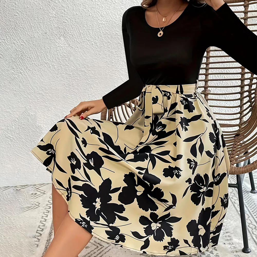 Lodowylabedz Nowa jesienno-zimowa spódnica z nadrukiem i okrągłym dekoltem