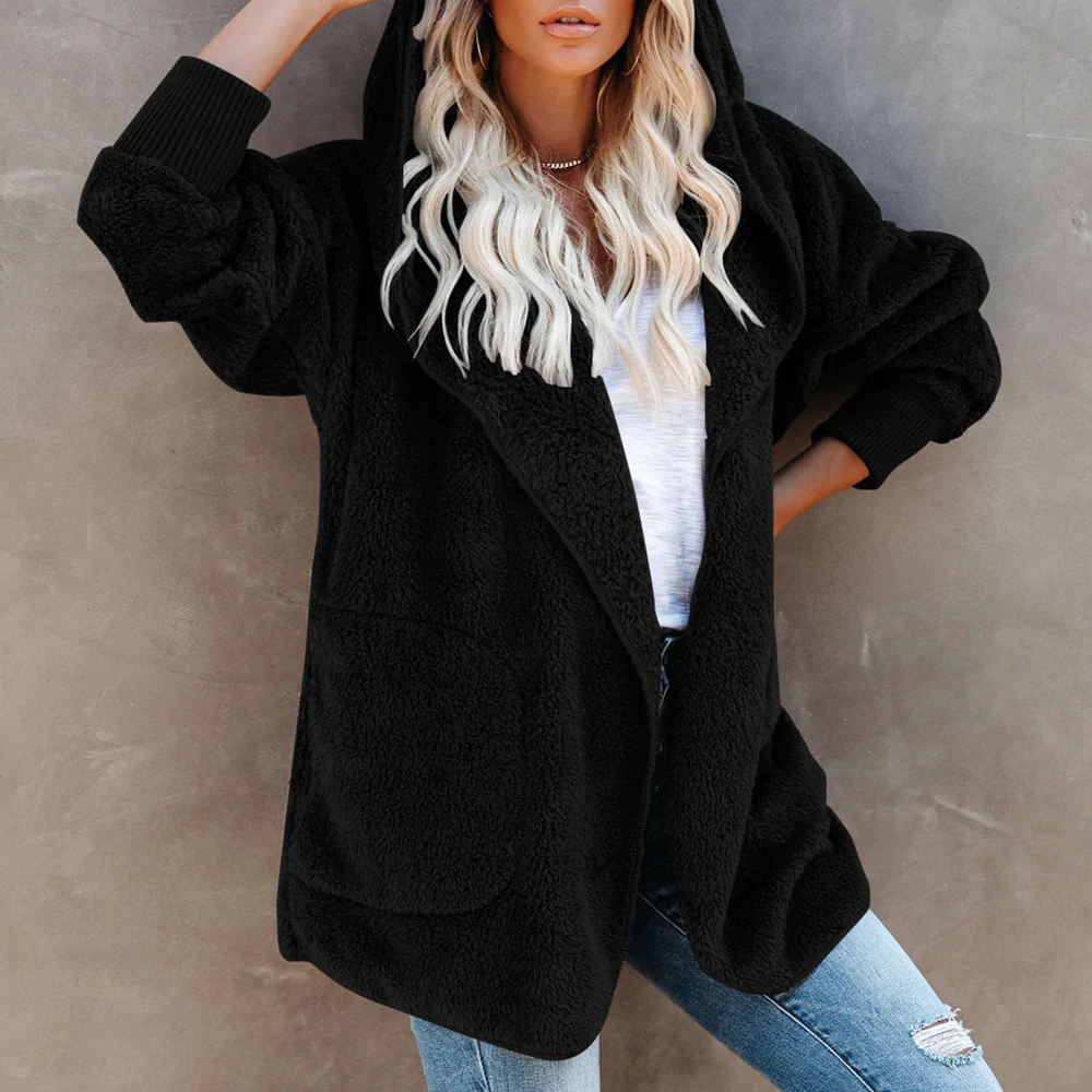 Lodowylabedz Jesienno-zimowy damski płaszcz z kapturem w jednolitym kolorze