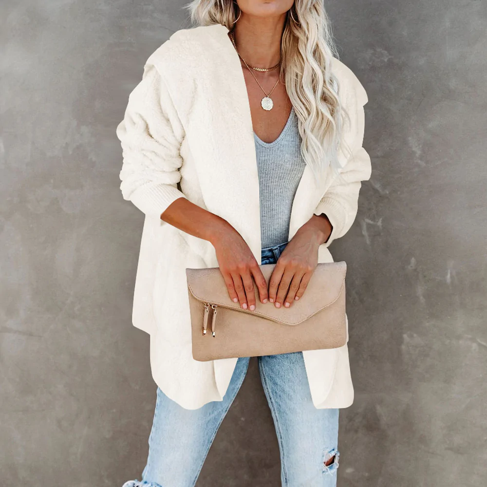 Lodowylabedz Jesienno-zimowy damski płaszcz z kapturem w jednolitym kolorze