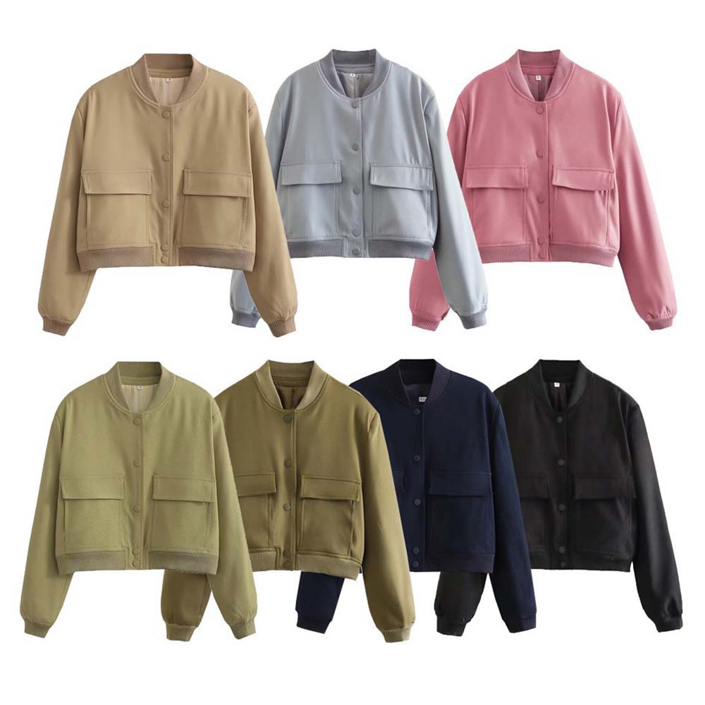 Lodowylabedz Nowa damska krótka kurtka ze stójką i kieszenią na guziki