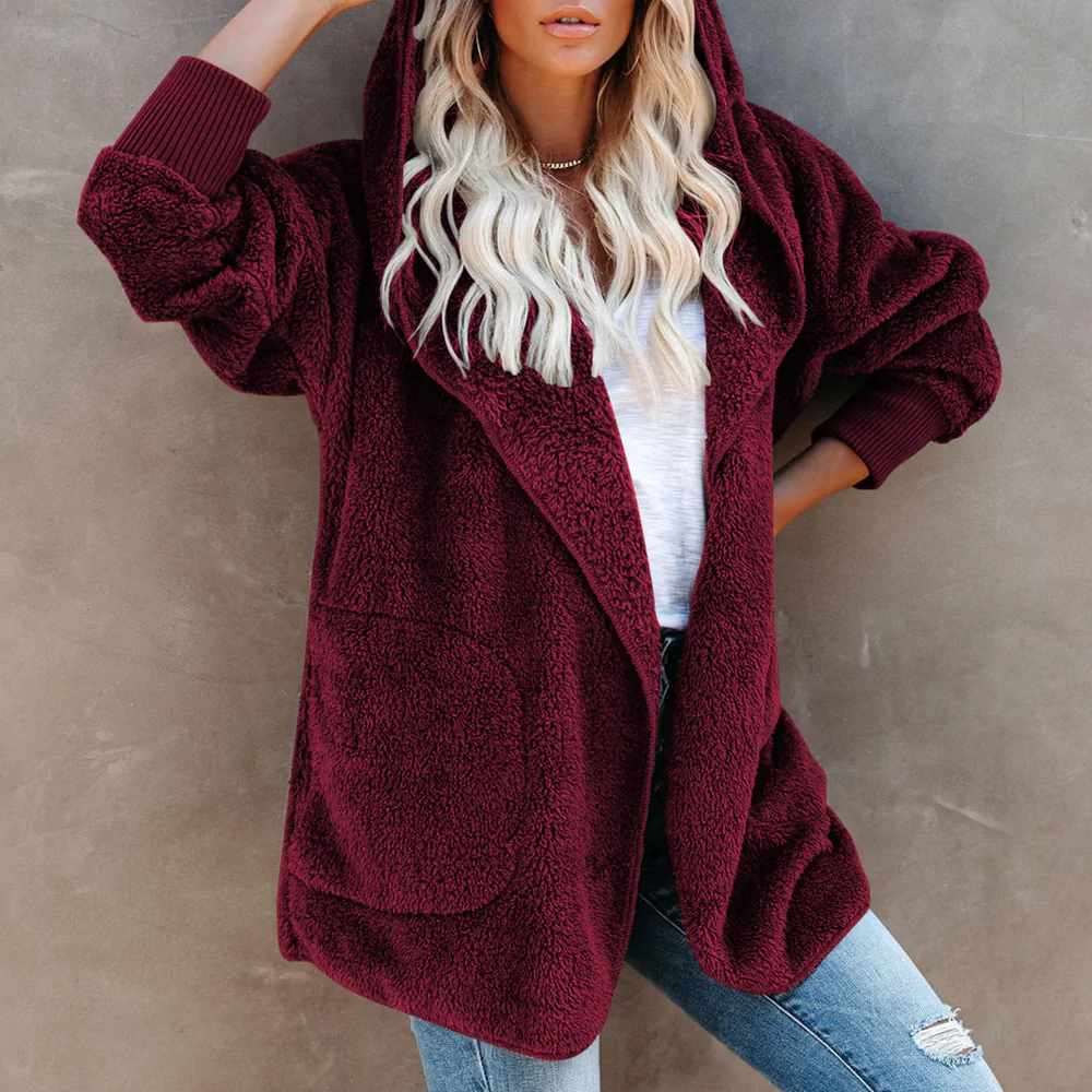 Lodowylabedz Jesienno-zimowy damski płaszcz z kapturem w jednolitym kolorze