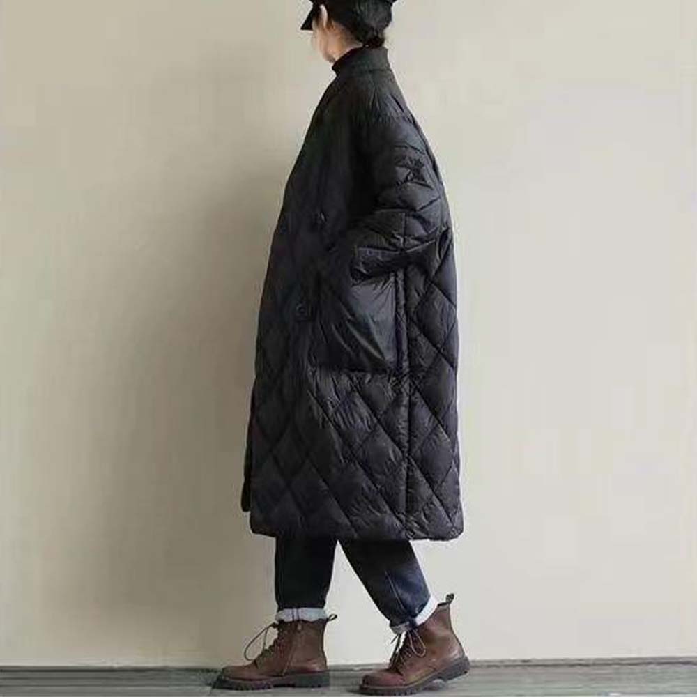 Damska, luźna, artystyczna stójka, jednokolorowa, pikowana, cienka, ciepła kurtka puchowa o średniej długości