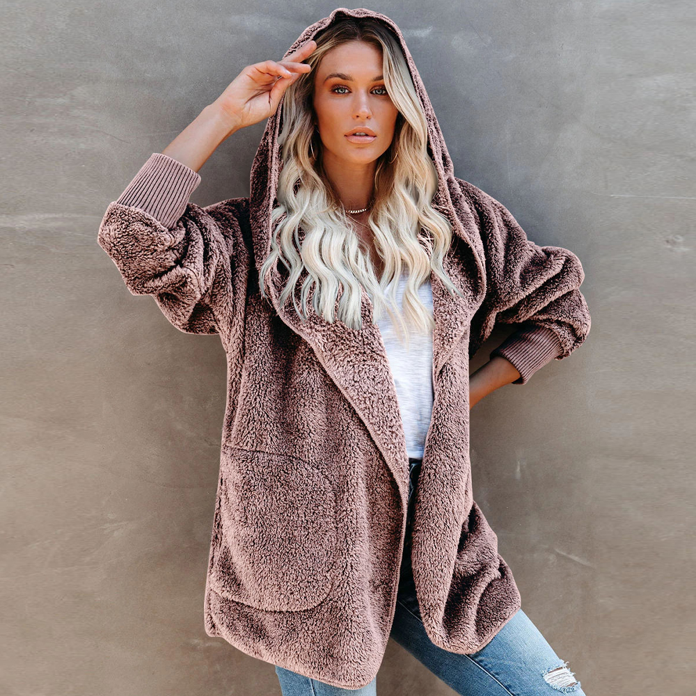 Lodowylabedz Jesienno-zimowy damski płaszcz z kapturem w jednolitym kolorze