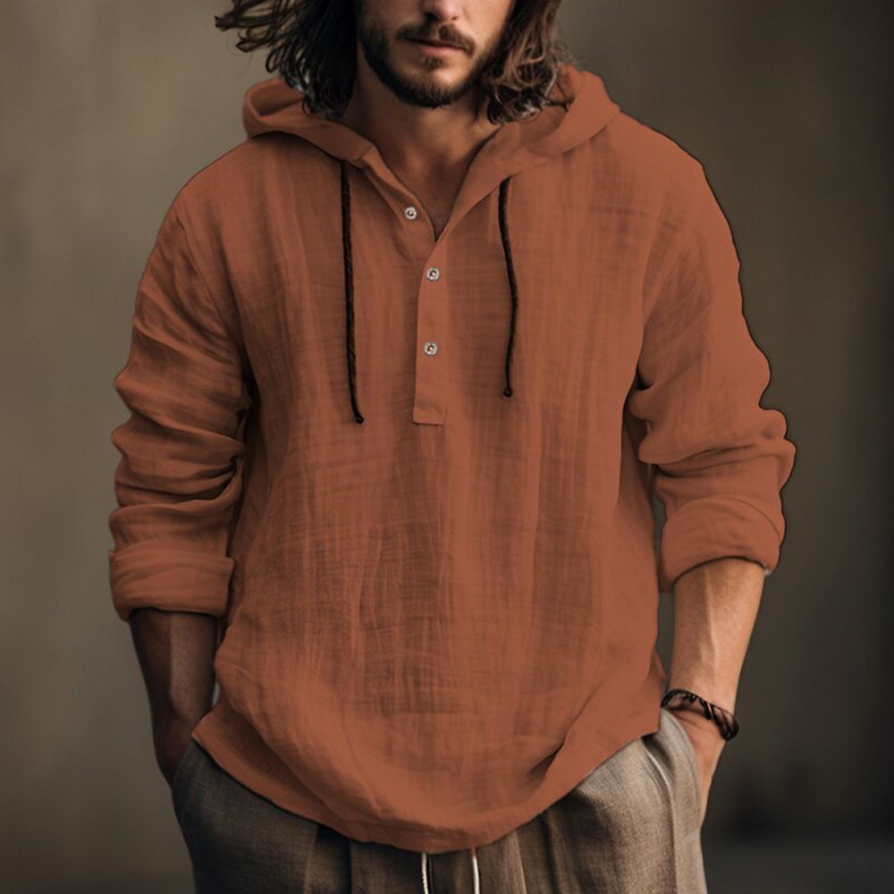 Shobous Men's Cotton Linen Hooded Pullover Long Sleeve Shirt