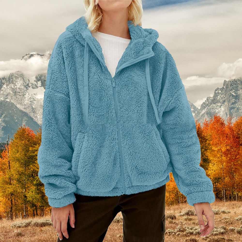 Lodowylabedz Jesienna i zimowa damska nowa luźna pluszowa kurtka z kapturem i zamkiem błyskawicznym