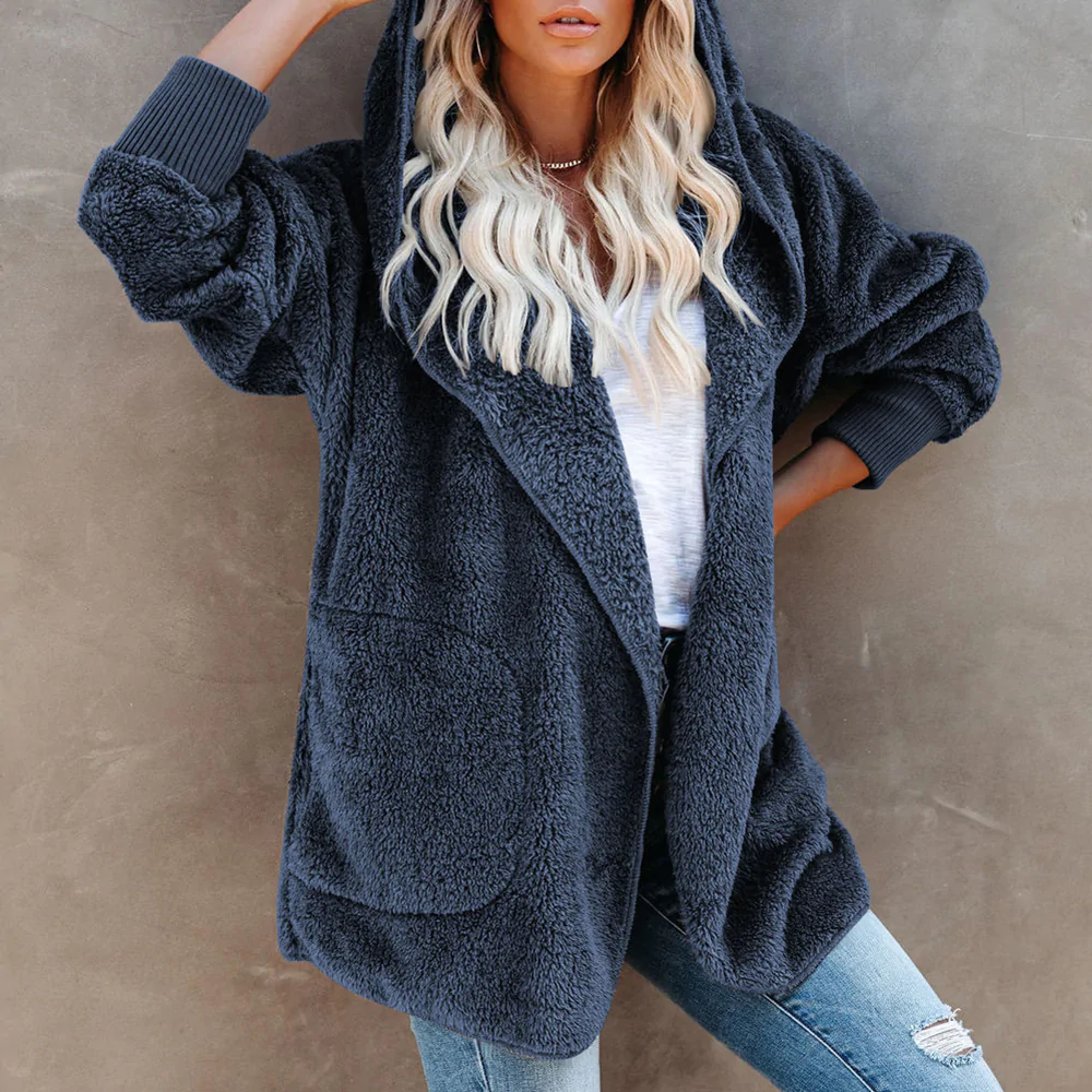 Lodowylabedz Jesienno-zimowy damski płaszcz z kapturem w jednolitym kolorze